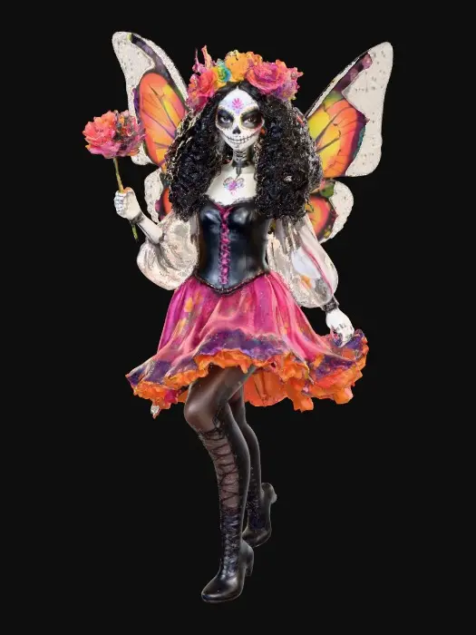 3D model for Sugar skull Catrina fairy dances joyfully laughing holding a flower. Fantasy creation. Detailed porcelain wings.  Thick curly black hair. Luxurious blouse and skirt. Stockings and garters. Thigh high black leather lace up boots. Bright vivid colors. Whimsical  atmosphere masterpiece