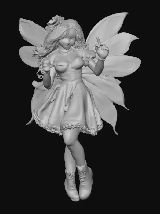 3D model for Sugar skull Catrina fairy dances joyfully laughing holding a flower. Fantasy creation. Detailed porcelain wings.  Thick curly black hair. Luxurious blouse and skirt. Stockings and garters. Thigh high black leather lace up boots. Bright vivid colors. Whimsical  atmosphere masterpiece