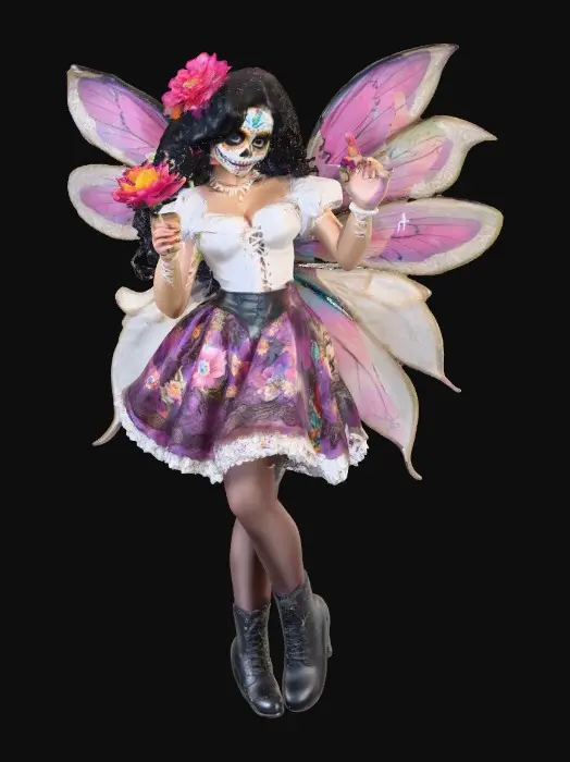 3D model for Sugar skull Catrina fairy dances joyfully laughing holding a flower. Fantasy creation. Detailed porcelain wings.  Thick curly black hair. Luxurious blouse and skirt. Stockings and garters. Thigh high black leather lace up boots. Bright vivid colors. Whimsical  atmosphere masterpiece