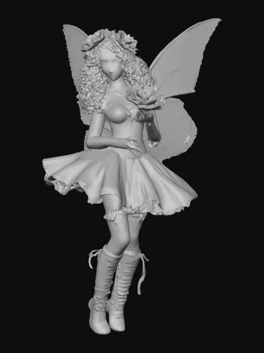 3D model for Sugar skull Catrina fairy dances joyfully laughing holding a flower. Fantasy creation. Detailed porcelain wings.  Thick curly black hair. Luxurious blouse and skirt. Stockings and garters. Thigh high black leather lace up boots. Bright vivid colors. Whimsical  atmosphere masterpiece