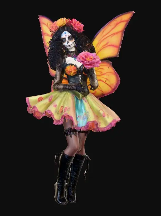 3D model for Sugar skull Catrina fairy dances joyfully laughing holding a flower. Fantasy creation. Detailed porcelain wings.  Thick curly black hair. Luxurious blouse and skirt. Stockings and garters. Thigh high black leather lace up boots. Bright vivid colors. Whimsical  atmosphere masterpiece