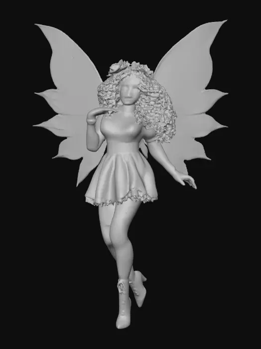 3D model for Sugar skull Catrina fairy dances joyfully laughing holding a flower. Fantasy creation. Detailed porcelain wings.  Thick curly black hair. Luxurious blouse and skirt. Stockings and garters. Thigh high black leather lace up boots. Bright vivid colors. Whimsical  atmosphere masterpiece