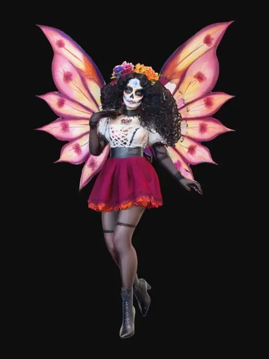 3D model for Sugar skull Catrina fairy dances joyfully laughing holding a flower. Fantasy creation. Detailed porcelain wings.  Thick curly black hair. Luxurious blouse and skirt. Stockings and garters. Thigh high black leather lace up boots. Bright vivid colors. Whimsical  atmosphere masterpiece