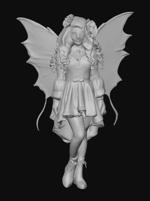 3D model for Sugar skull Catrina fairy dances joyfully laughing holding a flower. Fantasy creation. Detailed porcelain wings.  Thick curly black hair. Luxurious blouse and skirt. Stockings and garters. Thigh high black leather lace up boots. Bright vivid colors. Whimsical  atmosphere masterpiece