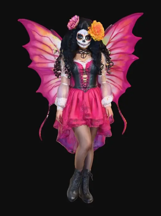 3D model for Sugar skull Catrina fairy dances joyfully laughing holding a flower. Fantasy creation. Detailed porcelain wings.  Thick curly black hair. Luxurious blouse and skirt. Stockings and garters. Thigh high black leather lace up boots. Bright vivid colors. Whimsical  atmosphere masterpiece