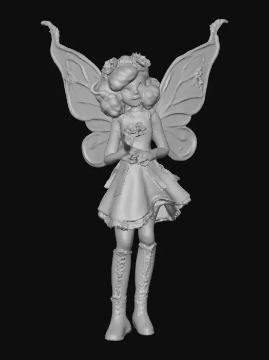 3D model for Sugar skull Catrina fairy dances joyfully laughing holding a flower. Fantasy creation. Detailed porcelain wings.  Thick curly black hair. Luxurious blouse and skirt. Stockings and garters. Thigh high black leather lace up boots. Bright vivid colors. Whimsical  atmosphere masterpiece