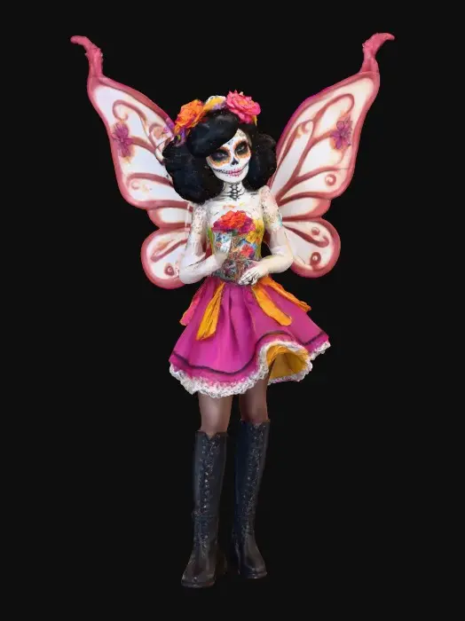 3D model for Sugar skull Catrina fairy dances joyfully laughing holding a flower. Fantasy creation. Detailed porcelain wings.  Thick curly black hair. Luxurious blouse and skirt. Stockings and garters. Thigh high black leather lace up boots. Bright vivid colors. Whimsical  atmosphere masterpiece