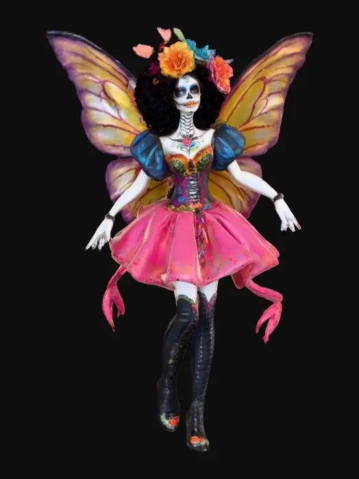3D model for Sugar skull Catrina fairy dances joyfully laughing holding a flower. Fantasy creation. Detailed porcelain wings.  Thick curly black hair. Luxurious blouse and skirt. Stockings and garters. Thigh high black leather lace up boots. Bright vivid colors. Whimsical  atmosphere masterpiece