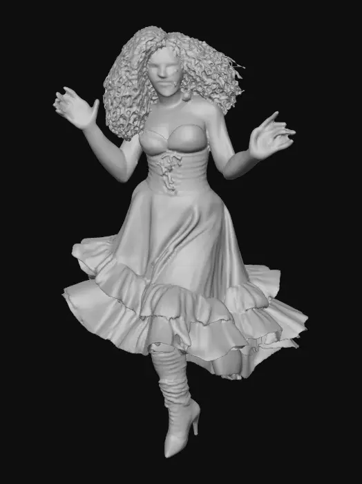 3D model for A plump very endowed gorgeous Latina adult has luminous black curly hair. she has huge brown eyes with thick dark eyelashes. her head is thrown back as She is laughing with joy as she dances a spicy salsa holding a long stem flower.. She is wearing a corset type satin top with a full ruffled skirt. She has cute black thigh high lace up boots. and a flower in her hair.