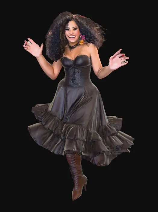 3D model for A plump very endowed gorgeous Latina adult has luminous black curly hair. she has huge brown eyes with thick dark eyelashes. her head is thrown back as She is laughing with joy as she dances a spicy salsa holding a long stem flower.. She is wearing a corset type satin top with a full ruffled skirt. She has cute black thigh high lace up boots. and a flower in her hair.
