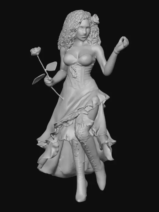 3D model for A plump very endowed gorgeous Latina adult has luminous black curly hair. she has huge brown eyes with thick dark eyelashes. her head is thrown back as She is laughing with joy as she dances a spicy salsa holding a long stem flower.. She is wearing a corset type satin top with a full ruffled skirt. She has cute black thigh high lace up boots. and a flower in her hair.