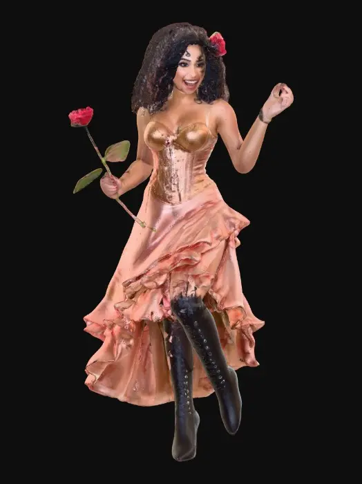 3D model for A plump very endowed gorgeous Latina adult has luminous black curly hair. she has huge brown eyes with thick dark eyelashes. her head is thrown back as She is laughing with joy as she dances a spicy salsa holding a long stem flower.. She is wearing a corset type satin top with a full ruffled skirt. She has cute black thigh high lace up boots. and a flower in her hair.