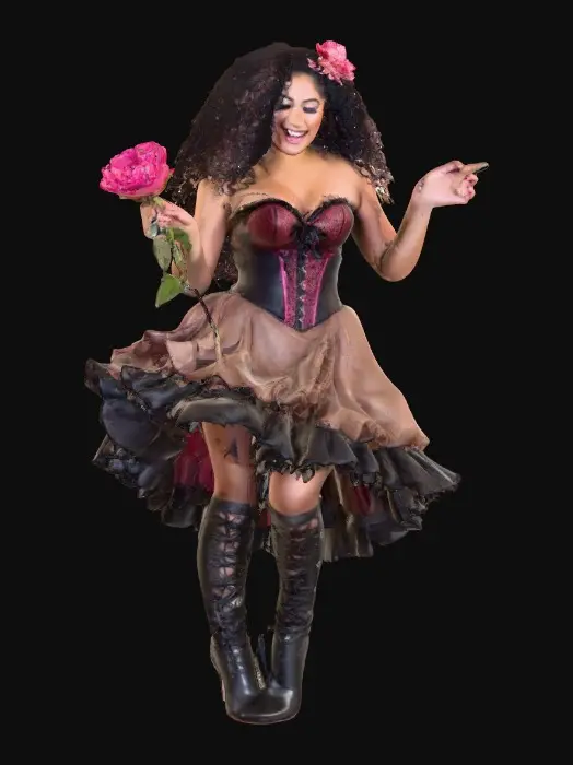 3D model for A plump very endowed gorgeous Latina adult has luminous black curly hair. she has huge brown eyes with thick dark eyelashes. her head is thrown back as She is laughing with joy as she dances a spicy salsa holding a long stem flower.. She is wearing a corset type satin top with a full ruffled skirt. She has cute black thigh high lace up boots. and a flower in her hair.