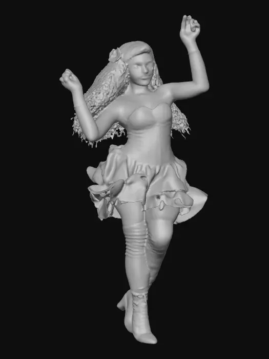 3D model for A plump very endowed gorgeous Latina adult has luminous black curly hair. she has huge brown eyes with thick dark eyelashes. her head is thrown back as She is laughing with joy as she dances a spicy salsa holding a long stem flower.. She is wearing a corset type satin top with a full ruffled skirt. She has cute black thigh high lace up boots. and a flower in her hair.