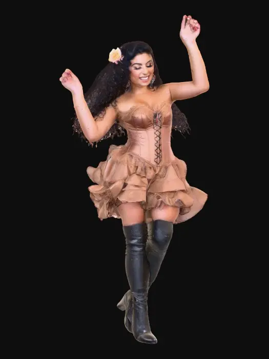 3D model for A plump very endowed gorgeous Latina adult has luminous black curly hair. she has huge brown eyes with thick dark eyelashes. her head is thrown back as She is laughing with joy as she dances a spicy salsa holding a long stem flower.. She is wearing a corset type satin top with a full ruffled skirt. She has cute black thigh high lace up boots. and a flower in her hair.