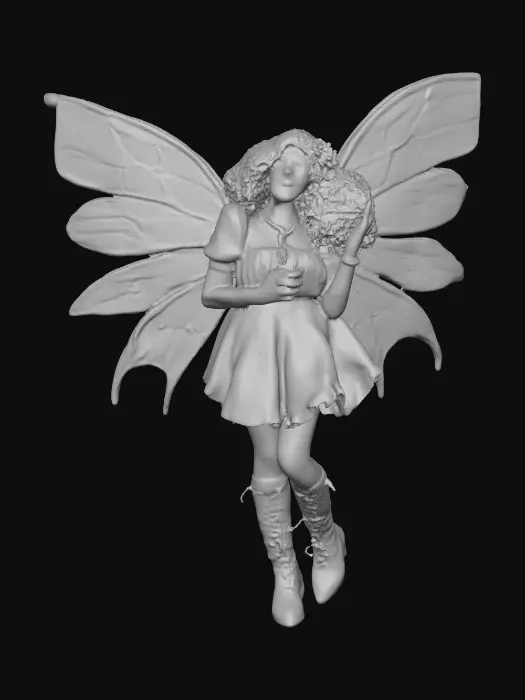 3D model for Sugar skull Catrina fairy dances joyfully laughing holding a flower. Fantasy creation. Detailed porcelain wings.  Thick curly black hair. Luxurious blouse and skirt. Stockings and garters. Thigh high black leather lace up boots. Bright vivid colors. Whimsical  atmosphere masterpiece