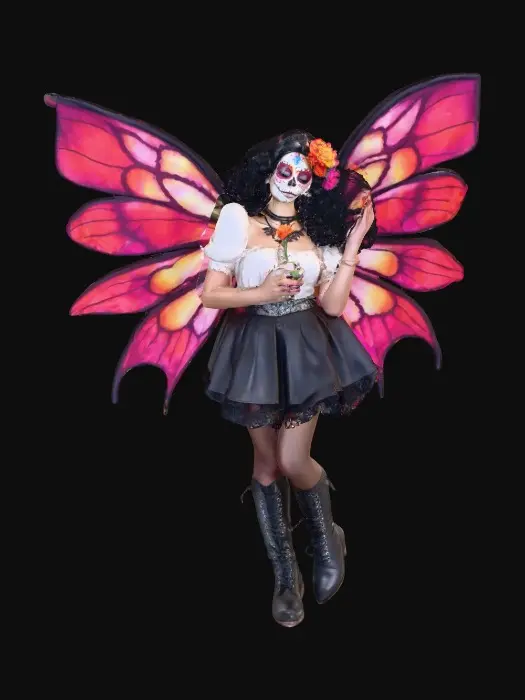 3D model for Sugar skull Catrina fairy dances joyfully laughing holding a flower. Fantasy creation. Detailed porcelain wings.  Thick curly black hair. Luxurious blouse and skirt. Stockings and garters. Thigh high black leather lace up boots. Bright vivid colors. Whimsical  atmosphere masterpiece