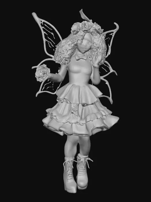 3D model for Sugar skull Catrina fairy dances joyfully laughing holding a flower. Fantasy creation. Detailed porcelain wings.  Thick curly black hair. Luxurious blouse and skirt. Stockings and garters. Thigh high black leather lace up boots. Bright vivid colors. Whimsical  atmosphere masterpiece