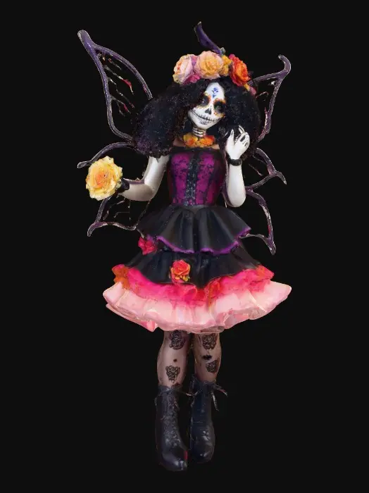 3D model for Sugar skull Catrina fairy dances joyfully laughing holding a flower. Fantasy creation. Detailed porcelain wings.  Thick curly black hair. Luxurious blouse and skirt. Stockings and garters. Thigh high black leather lace up boots. Bright vivid colors. Whimsical  atmosphere masterpiece