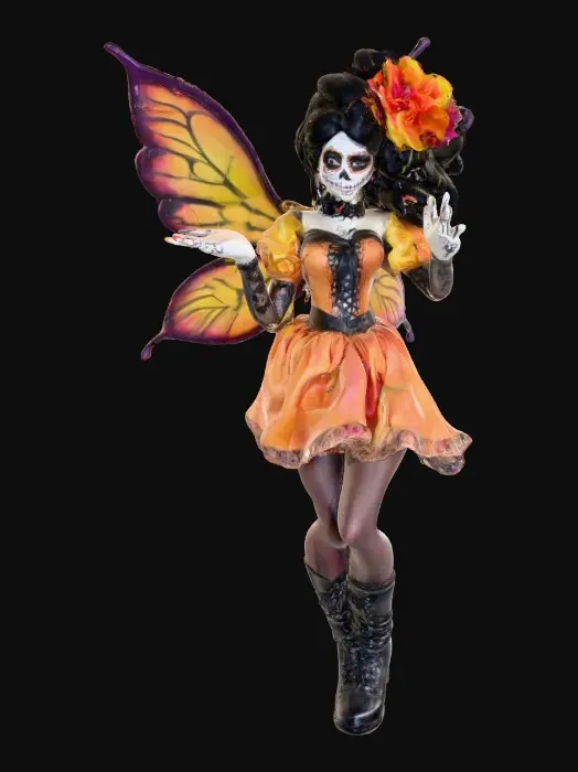 3D model for Sugar skull Catrina fairy dances joyfully laughing holding a flower. Fantasy creation. Detailed porcelain wings.  Thick curly black hair. Luxurious blouse and skirt. Stockings and garters. Thigh high black leather lace up boots. Bright vivid colors. Whimsical  atmosphere masterpiece
