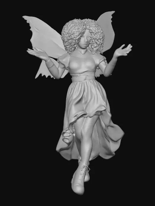 3D model for Sugar skull Catrina fairy dances joyfully laughing holding a flower. Fantasy creation. Detailed porcelain wings.  Thick curly black hair. Luxurious blouse and skirt. Stockings and garters. Thigh high black leather lace up boots. Bright vivid colors. Whimsical  atmosphere masterpiece