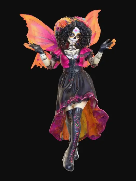 3D model for Sugar skull Catrina fairy dances joyfully laughing holding a flower. Fantasy creation. Detailed porcelain wings.  Thick curly black hair. Luxurious blouse and skirt. Stockings and garters. Thigh high black leather lace up boots. Bright vivid colors. Whimsical  atmosphere masterpiece