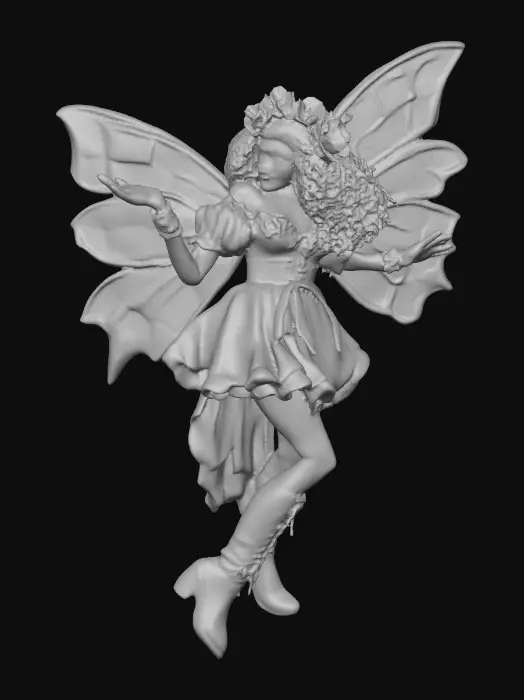 3D model for Sugar skull Catrina fairy dances joyfully laughing holding a flower. Fantasy creation. Detailed porcelain wings.  Thick curly black hair. Luxurious blouse and skirt. Stockings and garters. Thigh high black leather lace up boots. Bright vivid colors. Whimsical  atmosphere masterpiece