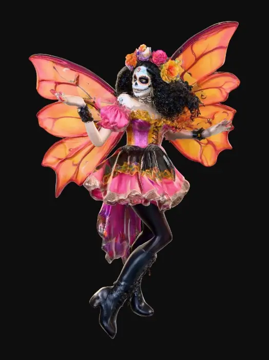 3D model for Sugar skull Catrina fairy dances joyfully laughing holding a flower. Fantasy creation. Detailed porcelain wings.  Thick curly black hair. Luxurious blouse and skirt. Stockings and garters. Thigh high black leather lace up boots. Bright vivid colors. Whimsical  atmosphere masterpiece