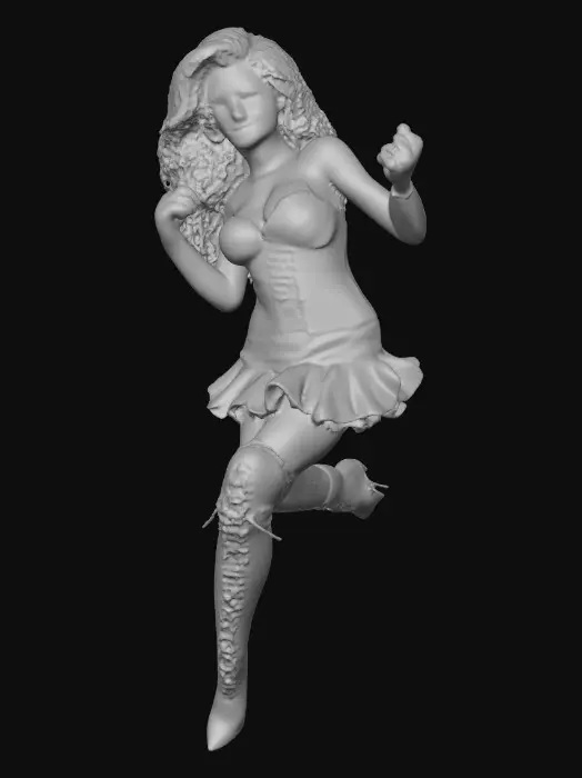 3D model for A plump very endowed gorgeous Latina adult has luminous black curly hair. she has huge brown eyes with thick dark eyelashes. her head is thrown back as She is laughing with joy as she dances a spicy salsa holding a long stem flower.. She is wearing a corset type satin top with a full ruffled skirt. She has cute black thigh high lace up boots. and a flower in her hair.