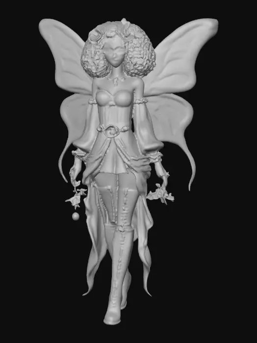 3D model for Sugar skull fairy dances joyfully laughing holding a flower. Fantasy creation. Detailed porcelain wings.  Thick curly black hair. Luxurious blouse and skirt. Stockings and garters. Thigh high black leather lace up boots. Bright vivid colors. Whimsical  atmosphere masterpiece