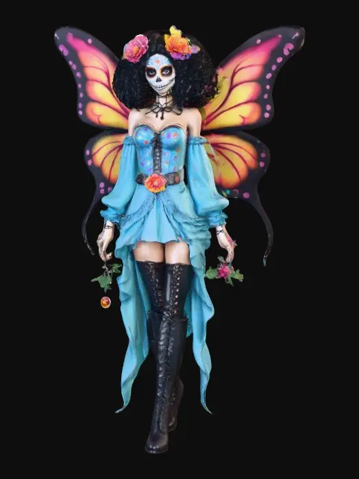 3D model for Sugar skull fairy dances joyfully laughing holding a flower. Fantasy creation. Detailed porcelain wings.  Thick curly black hair. Luxurious blouse and skirt. Stockings and garters. Thigh high black leather lace up boots. Bright vivid colors. Whimsical  atmosphere masterpiece
