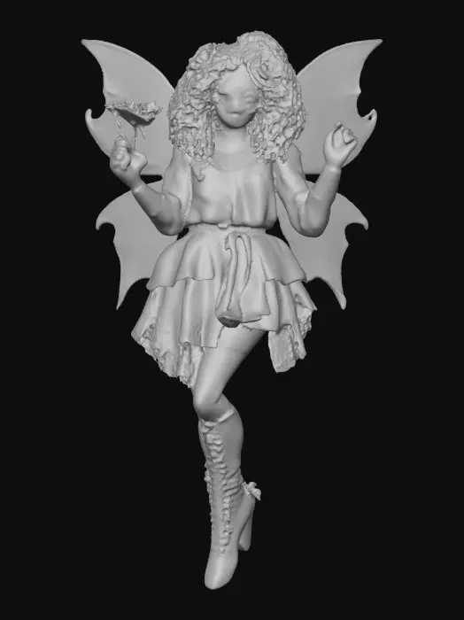 3D model for Sugar skull fairy dances joyfully laughing holding a flower. Fantasy creation. Detailed porcelain wings.  Thick curly black hair. Luxurious blouse and skirt. Stockings and garters. Thigh high black leather lace up boots. Bright vivid colors. Whimsical  atmosphere masterpiece