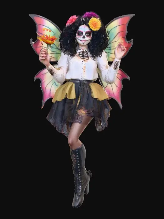 3D model for Sugar skull fairy dances joyfully laughing holding a flower. Fantasy creation. Detailed porcelain wings.  Thick curly black hair. Luxurious blouse and skirt. Stockings and garters. Thigh high black leather lace up boots. Bright vivid colors. Whimsical  atmosphere masterpiece