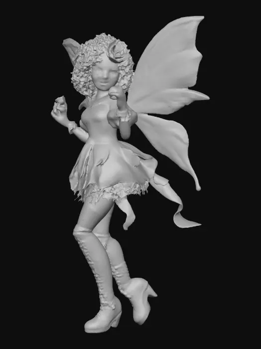 3D model for Sugar skull fairy dances joyfully laughing holding a flower. Fantasy creation. Detailed porcelain wings.  Thick curly black hair. Luxurious blouse and skirt. Stockings and garters. Thigh high black leather lace up boots. Bright vivid colors. Whimsical  atmosphere masterpiece