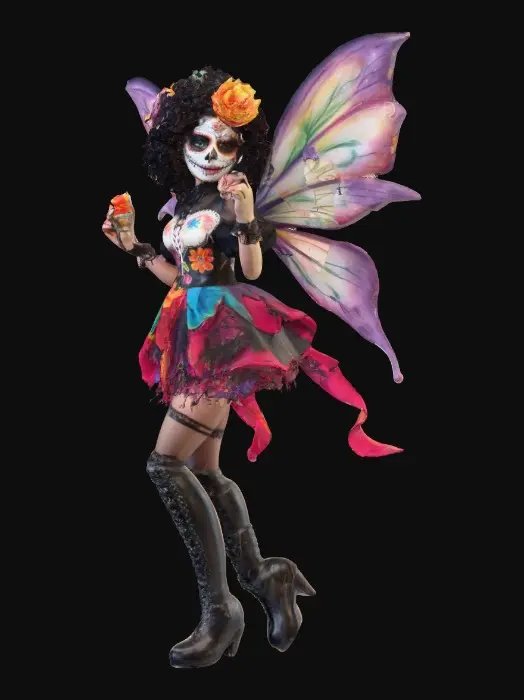 3D model for Sugar skull fairy dances joyfully laughing holding a flower. Fantasy creation. Detailed porcelain wings.  Thick curly black hair. Luxurious blouse and skirt. Stockings and garters. Thigh high black leather lace up boots. Bright vivid colors. Whimsical  atmosphere masterpiece