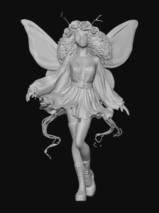 3D model for Sugar skull fairy dances joyfully laughing holding a flower. Fantasy creation. Detailed porcelain wings.  Thick curly black hair. Luxurious blouse and skirt. Stockings and garters. Thigh high black leather lace up boots. Bright vivid colors. Whimsical  atmosphere masterpiece