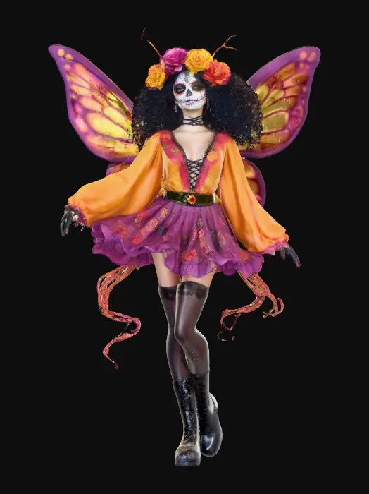 3D model for Sugar skull fairy dances joyfully laughing holding a flower. Fantasy creation. Detailed porcelain wings.  Thick curly black hair. Luxurious blouse and skirt. Stockings and garters. Thigh high black leather lace up boots. Bright vivid colors. Whimsical  atmosphere masterpiece