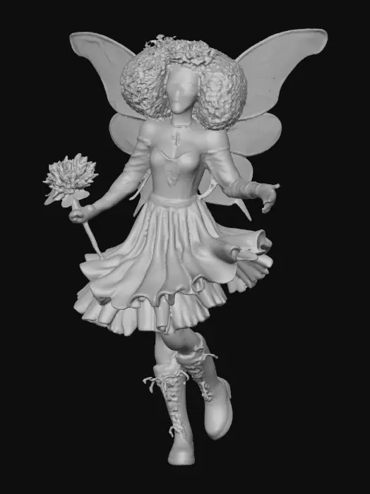 3D model for Sugar skull fairy dances joyfully laughing holding a flower. Fantasy creation. Detailed porcelain wings.  Thick curly black hair. Luxurious blouse and skirt. Stockings and garters. Thigh high black leather lace up boots. Bright vivid colors. Whimsical  atmosphere masterpiece