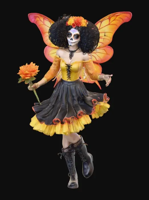 3D model for Sugar skull fairy dances joyfully laughing holding a flower. Fantasy creation. Detailed porcelain wings.  Thick curly black hair. Luxurious blouse and skirt. Stockings and garters. Thigh high black leather lace up boots. Bright vivid colors. Whimsical  atmosphere masterpiece