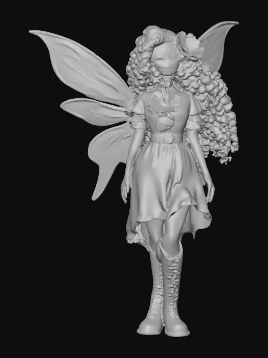 3D model for Sugar skull fairy dances joyfully laughing holding a flower. Fantasy creation. Detailed porcelain wings.  Thick curly black hair. Luxurious blouse and skirt. Stockings and garters. Thigh high black leather lace up boots. Bright vivid colors. Whimsical  atmosphere masterpiece