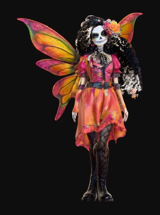 3D model for Sugar skull fairy dances joyfully laughing holding a flower. Fantasy creation. Detailed porcelain wings.  Thick curly black hair. Luxurious blouse and skirt. Stockings and garters. Thigh high black leather lace up boots. Bright vivid colors. Whimsical  atmosphere masterpiece