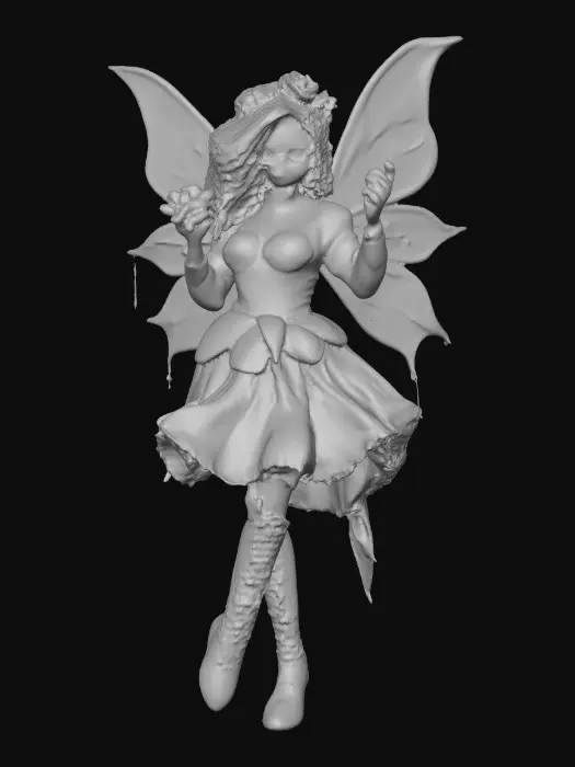 3D model for Sugar skull busty risqué fairy dances joyfully laughing holding a flower. Fantasy creation. Detailed porcelain wings.  Thick curly black hair. Luxurious blouse and skirt. Thigh high black leather lace up boots. Whimsical  atmosphere masterpiece