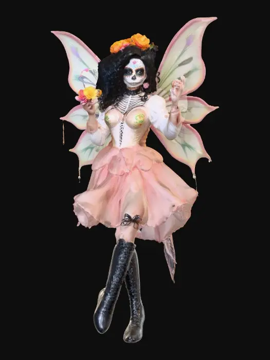 3D model for Sugar skull busty risqué fairy dances joyfully laughing holding a flower. Fantasy creation. Detailed porcelain wings.  Thick curly black hair. Luxurious blouse and skirt. Thigh high black leather lace up boots. Whimsical  atmosphere masterpiece