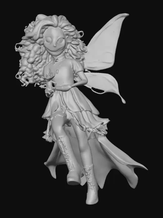 3D model for Sugar skull busty risqué fairy dances joyfully laughing holding a flower. Fantasy creation. Detailed porcelain wings.  Thick curly black hair. Luxurious blouse and skirt. Thigh high black leather lace up boots. Whimsical  atmosphere masterpiece