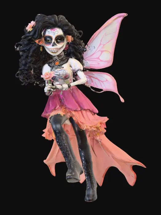 3D model for Sugar skull busty risqué fairy dances joyfully laughing holding a flower. Fantasy creation. Detailed porcelain wings.  Thick curly black hair. Luxurious blouse and skirt. Thigh high black leather lace up boots. Whimsical  atmosphere masterpiece