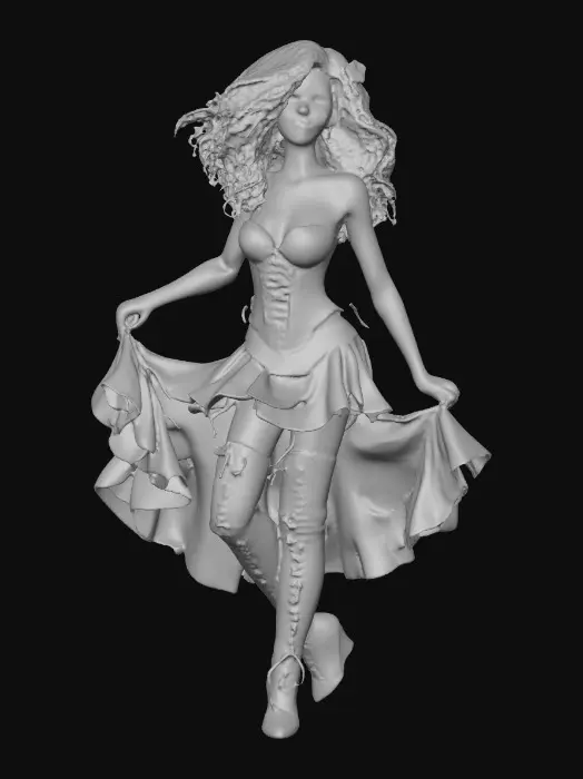 3D model for A plump very endowed gorgeous Latina adult has luminous black curly hair. she has huge brown eyes with thick dark eyelashes. her head is thrown back as She is laughing with joy as she dances a spicy salsa holding a long stem flower.. She is wearing a corset type satin top with a full ruffled skirt. She has cute black thigh high lace up boots. and a flower in her hair.