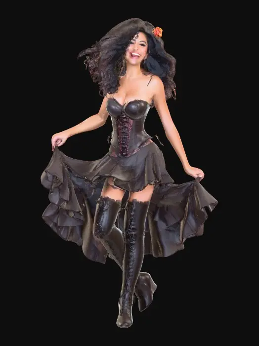 3D model for A plump very endowed gorgeous Latina adult has luminous black curly hair. she has huge brown eyes with thick dark eyelashes. her head is thrown back as She is laughing with joy as she dances a spicy salsa holding a long stem flower.. She is wearing a corset type satin top with a full ruffled skirt. She has cute black thigh high lace up boots. and a flower in her hair.