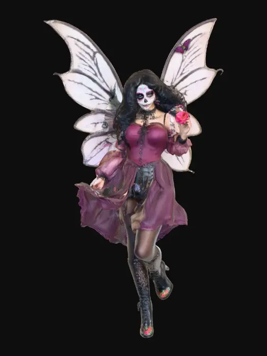 3D model for Sugar skull busty risqué fairy dances joyfully laughing holding a flower. Fantasy creation. Detailed porcelain wings.  Thick curly black hair. Luxurious blouse and skirt. Thigh high black leather lace up boots. Whimsical  atmosphere masterpiece