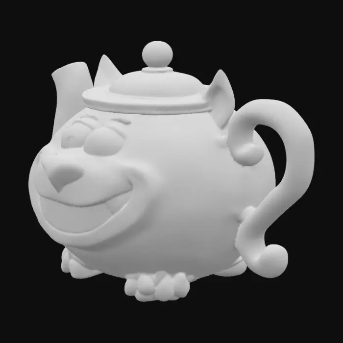 3D model for A cheshire shapped teapot. Pink purple and turquoise. Centered on a white background 