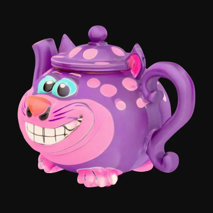 3D model for A cheshire shapped teapot. Pink purple and turquoise. Centered on a white background 